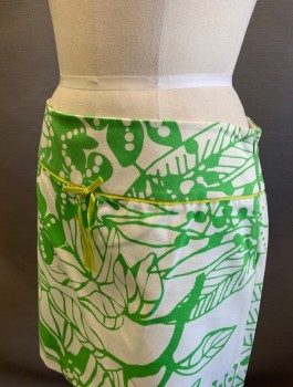 J CREW, White, Lime Green, Cotton, Abstract , Floral, Dropped Waist With 3" Wide Yoke/Waistband, Chartreuse Grosgrain Ribbon Trim With Bow At Front, Invisible Zipper At Side, Retro Y2K Inspired