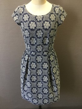 BODEN, Navy Blue, Gray, Off White, Polyester, Cotton, Floral, Navy with Gray & White Raised Texture Circle Floral Print, Navy Lining, Round Neck,  Cap Sleeves, 2 Big Pleats Front and Gather Waist Back, 2 Side Pockets, Zip Back,