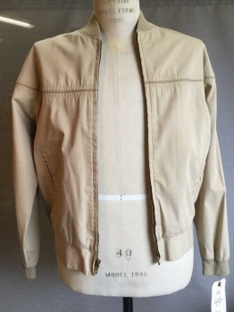 Mens, Windbreaker, Sears, Tan Brown, Cotton, Polyester, Solid, S, Tan, Zip Front, 2 Pockets,