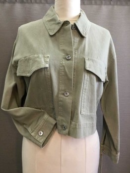 ZARA, Lt Olive Grn, Cotton, Solid, JACKET:  Light Olive Twill, Collar Attached, 4 Silver Button Front, 2 Large Patch Pockets W/flap, Long Sleeves,
