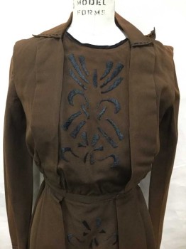 Womens, Dress 1890s-1910s, NO LABEL, Brown, Black, Wool, Solid, 26, 32, Long Sleeves, Black Embroidery At Center Front Bust, Collar, Waistband and Cuffs, Cream Cotton Underlayer/Understructure with Tiny Snap Closures,  Hem Below Knee, Snap Closures, Black Satin 2" Wide Stripes At Hip and Knee Level, Black Satin Trim At Neck, Has Updated Trim **Shoulder Burn and Mended Moth Holes In Fabric,