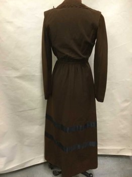Womens, Dress 1890s-1910s, NO LABEL, Brown, Black, Wool, Solid, 26, 32, Long Sleeves, Black Embroidery At Center Front Bust, Collar, Waistband and Cuffs, Cream Cotton Underlayer/Understructure with Tiny Snap Closures,  Hem Below Knee, Snap Closures, Black Satin 2" Wide Stripes At Hip and Knee Level, Black Satin Trim At Neck, Has Updated Trim **Shoulder Burn and Mended Moth Holes In Fabric,
