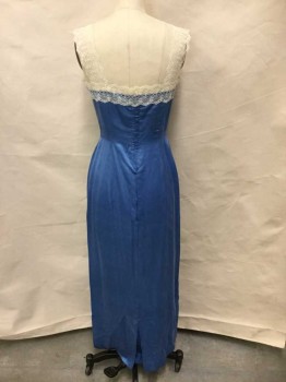 Womens, Slip 1890s-1910s, MTO, Cornflower Blue, Ivory White, Silk, Polyester, Solid, W24, B32, Made To Order, Blue Silk Charmeuse, Wide Ivory Polyester Lace, Hooks and Eyes with Snaps Center Back, Has Chantilly Lace Over Dress,
