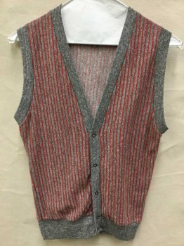 LE TIGER, Heather Gray, Red, Wool, Stripes - Vertical , Heather Gray W/red Vertical Stripes Knit, V-neck, 5 Snap Front