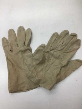 Mens, Leather Gloves, CAMELIA JAMES, Beige, Leather, Solid, Wrist Length, 3 Pin Tucks, See Photo Attached