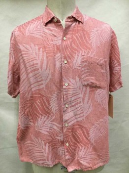TASSO ELBA, Brick Red, White, Linen, Silk, Leaf, Faded Brick Red with Faint White Hawaiian Leaf Print, Button Front, Collar Attached, 1 Pocket, Short Sleeve, Triple