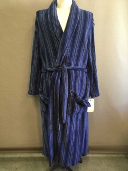Mens, Bathrobe, STAFFORD, Blue, Navy Blue, Lt Gray, Polyester, Stripes, O/S, Fleece, Long Sleeves, Shawl Lapel, 2 Patch Pockets, 2 Piece with Matching Self BELT, **Barcode Located in Left Pocket