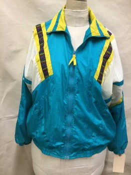 Womens, Jacket, PRO SPIRIT, Turquoise Blue, Yellow, White, Multi-color, Nylon, Color Blocking, B48, L, Zip Front, 2 Pockets, Elastic Waistband and Cuffs, Rainbow Trim Applique