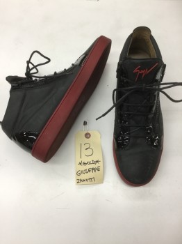 Mens, Shoe, Sneakers/Tennis , GIUSEPPE ZANOTTI, Black, Leather, Solid, 13, With Patent Leather Upper & Heel, Dark Red Rubber Soles, Lace Up, Zipper on Both Sides of Laces,