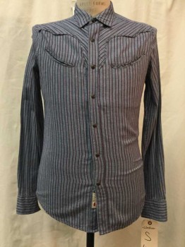 LEVI'S, Navy Blue, Teal Green, Red Burgundy, Cotton, Stripes, Navy/ Teal Green/ Burgundy Stripes, Snap Front Collar Attached, Novelty Western Yolk, Long Sleeves,