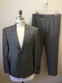 TASSO ELBA , Gray, Brown, Wool, Plaid-  Windowpane, Gray with Brown Windowpane Stripes, Single Breasted, Notched Lapel, 2 Buttons, 3 Pockets, Dark Gray Lining