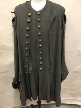 Mens, Historical Fiction Frock Coat, N/L, Olive Green, Cotton, Solid, 28, 2 Piece Frock Coat & Vest Set: Jacket Is Homespun Cotton, Long Sleeves Are Detachable with Ties At Arm Holes, Brass Buttons At Center Front, 2 Faux Pockets W/Button Trim, Aged/Dirty
