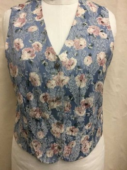 Womens, Vest, CLEO, Lt Blue, Lt Pink, Cream, Sage Green, Lilac Purple, Polyester, Floral, B:44, Floral Brocade, Single Breasted, 4 Silver Buttons W/Clear Plastic Edges, Lilac Solid Lining, V-neck,