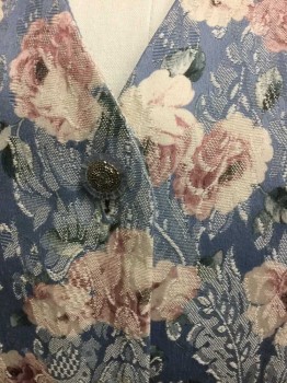 Womens, Vest, CLEO, Lt Blue, Lt Pink, Cream, Sage Green, Lilac Purple, Polyester, Floral, B:44, Floral Brocade, Single Breasted, 4 Silver Buttons W/Clear Plastic Edges, Lilac Solid Lining, V-neck,