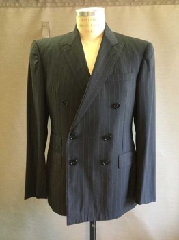RALPH LAUREN, Black, White, Wool, Rayon, Stripes - Pin, 2pc Suit with Doubles On Pant.    Peaked Lapel, Double Breasted, 1 Welt Pocket, 3 Pockets with Flaps