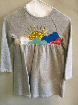 Childrens, Dress, Mini Boden, Lt Gray, Gold, White, Red, Blue, Cotton, Polyester, Heathered, Graphic, 7/8 Y, Girls Long Sleeves, Round Neck,  Empire Waist, with Gold Sequins Sun Emerging From Multi Color Clouds, See Photo Attached,