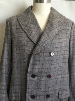 Mens, Coat 1890s-1910s, MTO, Slate Blue, Black, Brown, Wool, Plaid-  Windowpane, 50, Heather Gray, Slate Blue/ Black/ Brown Window Pane, Double Breasted, 6 Buttons, Shawl Lapel, 2 Pockets,