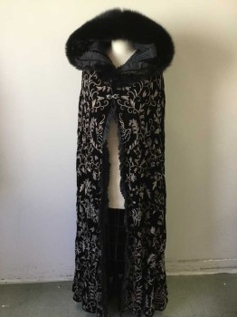 Womens, Historical Fiction Cape, MTO, Black, Pewter Gray, Silk, Metallic/Metal, Floral, O/S, Made To Order, Pewter Bullion In Floral Pattern On Velvet, Black Silk Taffeta Ruffle with Pinked Edges Trims the Inside of the Cape and Hood, Black Velvet Ribbon Splits the Ruffle, Black Fox Fur Trims the Hood, Clasp Center Front with Black Gems and Rhinestones, Fantasy, Historical, Fairy Tale