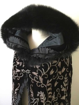 Womens, Historical Fiction Cape, MTO, Black, Pewter Gray, Silk, Metallic/Metal, Floral, O/S, Made To Order, Pewter Bullion In Floral Pattern On Velvet, Black Silk Taffeta Ruffle with Pinked Edges Trims the Inside of the Cape and Hood, Black Velvet Ribbon Splits the Ruffle, Black Fox Fur Trims the Hood, Clasp Center Front with Black Gems and Rhinestones, Fantasy, Historical, Fairy Tale