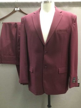 LUCCI, Red Burgundy, Polyester, Solid, Single Breasted, Collar Attached, Notched Lapel, 3 Pockets, 2 Buttons