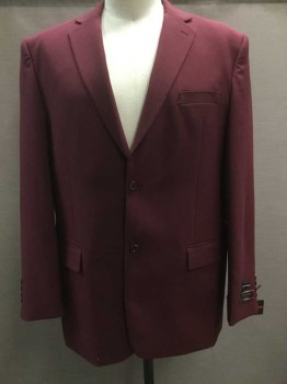 LUCCI, Red Burgundy, Polyester, Solid, Single Breasted, Collar Attached, Notched Lapel, 3 Pockets, 2 Buttons