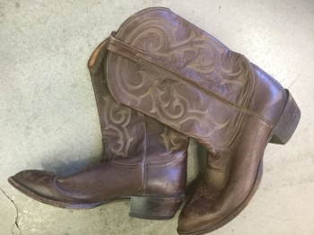 Mens, Cowboy Boots , TONY LAMA, Brown, Leather, 12, Brown Leather with Brown Western Embroidery, 1.5" Heel, Some Dust/Wear Throughout