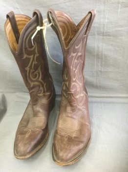 Mens, Cowboy Boots , TONY LAMA, Brown, Leather, 12, Brown Leather with Brown Western Embroidery, 1.5" Heel, Some Dust/Wear Throughout