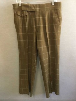 Mens, 1960s Vintage, Suit, Pants, ACADEMY AWARD CLOTHE, Olive Green, Beige, Rust Orange, Wool, Plaid-  Windowpane, Open, W:34, 2" Wide Waistband with Tab Waist, Pleated, Zip Fly, 4 Pockets Plus One Faux Watch Pocket Flap at Front, Wide Straight Leg, Late 1960's