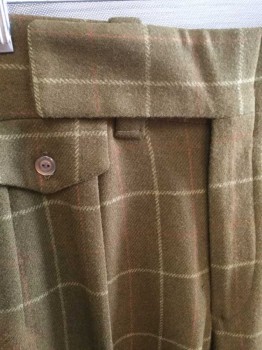 Mens, 1960s Vintage, Suit, Pants, ACADEMY AWARD CLOTHE, Olive Green, Beige, Rust Orange, Wool, Plaid-  Windowpane, Open, W:34, 2" Wide Waistband with Tab Waist, Pleated, Zip Fly, 4 Pockets Plus One Faux Watch Pocket Flap at Front, Wide Straight Leg, Late 1960's
