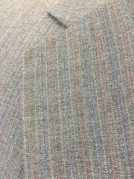 Mens, 1980s Vintage, Suit, Jacket, HART,SCHAFFNER &MARX, Gray, Rust Orange, Blue, White, Stripes - Pin, 40R, Single Breasted, Notched Lapel, 2 Buttons,  3 Pockets, Gray Lining,