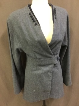 N/L, Dusty Blue, Navy Blue, Wool, Solid, V-neck, Surplice, Button Tab at Waist Closure, Velvet Neck Line Trim and Decorative Buttons at Neck and Cuffs, Draped Long Sleeves,