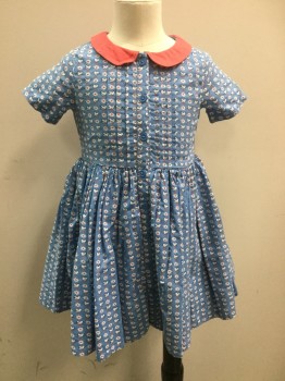 Childrens, Dress, MINI BODEN, Lt Blue, Rose Pink, White, Navy Blue, Cotton, Novelty Pattern, 4/5, Shirtwaist Pleated Bib with Buttons All the Way Down Front, Short Sleeves, Peter Pan Collar, Short Sleeves, Full Gathered Skirt