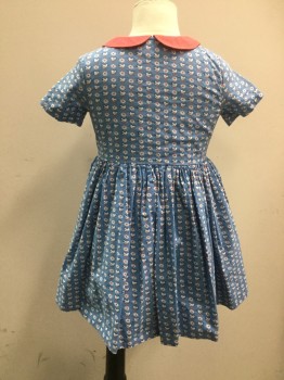 Childrens, Dress, MINI BODEN, Lt Blue, Rose Pink, White, Navy Blue, Cotton, Novelty Pattern, 4/5, Shirtwaist Pleated Bib with Buttons All the Way Down Front, Short Sleeves, Peter Pan Collar, Short Sleeves, Full Gathered Skirt