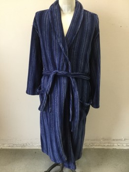 STAFFORD, Polyester, Stripes - Vertical , Navy with Blue and Gray Vertical Stripes, Plush Fleecy Material, L/S, Shawl Collar,2 Patch Pockets at Hips, Sash Belt Attached at CB