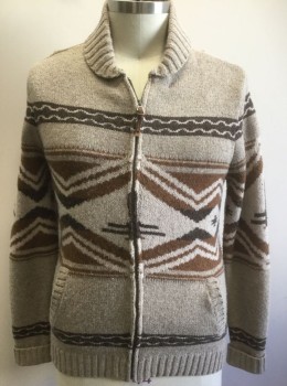 LUCKY BRAND, Taupe, Brown, Dk Brown, Wool, Nylon, Geometric, Native American/Southwestern , Taupe with Brown and Dark Brown Horizontal Zig Zags, Wavy Lines, Southwestern Inspired Shapes, Knit, Zip Front, Long Sleeves, Short Shawl Collar, 2 Pockets