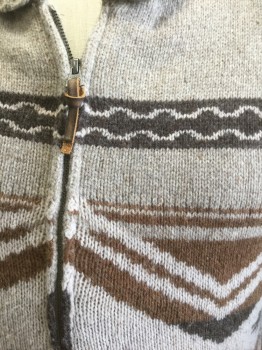 LUCKY BRAND, Taupe, Brown, Dk Brown, Wool, Nylon, Geometric, Native American/Southwestern , Taupe with Brown and Dark Brown Horizontal Zig Zags, Wavy Lines, Southwestern Inspired Shapes, Knit, Zip Front, Long Sleeves, Short Shawl Collar, 2 Pockets