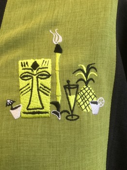 STEADY LAST CALL, Black, Chartreuse Green, Polyester, Stripes, Notched Lapel, Chartreuse and Black Panel Stripe, Tikki and Pineapple Embroidery on Chest, Tikki Pewter Buttons, Short Sleeves,