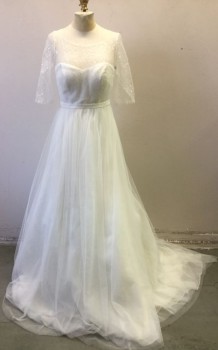 Womens, Wedding Gown, JENNY YOO, Cream, Polyester, Sequins, Solid, 4, Cobweb Tulle, Bateau/Boat Neck, 1/2 Sleeve Top Over Strapless Floor Length Gown with Train, Zip and Button Back,