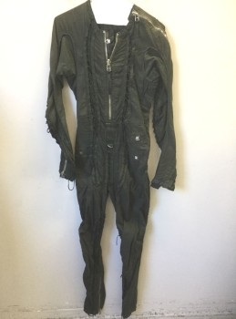 Womens, Sci-Fi/Fantasy Jumpsuit, N/L MTO, Dk Olive Grn, Linen, Cotton, Solid, W:28, B:36, H:36, Long Sleeves, Full Body, Oversized Silver Zipper at Front, Other Zippers at Shoulder, Sleeves, Waist. Various Criss Crossed Lace Up Panels Throughout, **Has Multiples