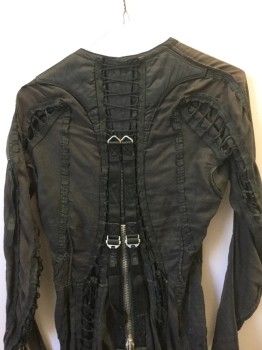 Womens, Sci-Fi/Fantasy Jumpsuit, N/L MTO, Dk Olive Grn, Linen, Cotton, Solid, W:28, B:36, H:36, Long Sleeves, Full Body, Oversized Silver Zipper at Front, Other Zippers at Shoulder, Sleeves, Waist. Various Criss Crossed Lace Up Panels Throughout, **Has Multiples