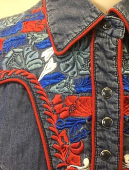 SCULLY, Denim Blue, Red, Navy Blue, White, Cotton, Solid, Floral, Chambray, with Red/Blue/Light Blue/White Floral Embroidery at Shoulders, Long Sleeves, Snap Front, Collar Attached, Western Style Yoke and 2 Welt Pockets, Red Piping Trim