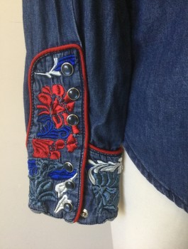 Womens, Shirt, SCULLY, Denim Blue, Red, Navy Blue, White, Cotton, Solid, Floral, B40, L, W36, Chambray, with Red/Blue/Light Blue/White Floral Embroidery at Shoulders, Long Sleeves, Snap Front, Collar Attached, Western Style Yoke and 2 Welt Pockets, Red Piping Trim