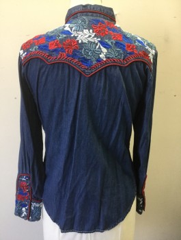 Womens, Shirt, SCULLY, Denim Blue, Red, Navy Blue, White, Cotton, Solid, Floral, B40, L, W36, Chambray, with Red/Blue/Light Blue/White Floral Embroidery at Shoulders, Long Sleeves, Snap Front, Collar Attached, Western Style Yoke and 2 Welt Pockets, Red Piping Trim