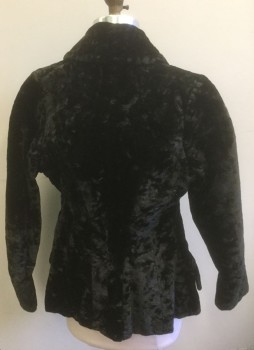 Childrens, Coat 1890s-1910s, N/L, Black, Wool, Cotton, Solid, B:30, Girl's, Crushed Velvet, Peaked Lapel, 2 Fabric Covered Buttons, Shaped Seams at Back Waist,