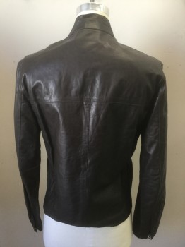 MO851, Dk Brown, Leather, Solid, 2 Zipper Pockets at Chest, 2 Zipper Pockets at Waist, Stand Collar, Zippers at Sleeves