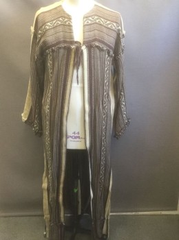 Mens, Historical Fiction Robe, N/L MTO, Beige, Brown, Lt Brown, Cotton, Stripes - Vertical , Geometric, XL, Homespun Cloth, Long Sleeves, Open at Center Front with Self Ties at Chest, Floor Length, Historically Inspired Made To Order
