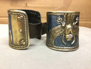 Unisex, Historical Fiction Jewelry, Blue, Gold, Leather, Metallic/Metal, PAIR Egyptian With Scarab With Wings Detail Wrist Cuff, With Leather Strip Closure