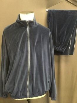 RESIDENCE, Navy Blue, Gray, Cotton, Solid, Velour, Stand Up Collar, Zip Front, Grey Piping Along Zipper, Elastic Waist