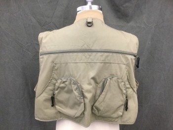 PACIFIC FLY, Olive Green, Polyester, Cotton, Solid, Zip Front, V-neck, Lots of Pockets, Back Zip Yoke Vent, Tab Plastic Snap Front, Ribbed Knit Bomber Collar, 1 Back Kangaroo Pocket, 2 Back Zip Pockets, Hunting and Fishing