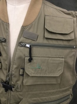 PACIFIC FLY, Olive Green, Polyester, Cotton, Solid, Zip Front, V-neck, Lots of Pockets, Back Zip Yoke Vent, Tab Plastic Snap Front, Ribbed Knit Bomber Collar, 1 Back Kangaroo Pocket, 2 Back Zip Pockets, Hunting and Fishing